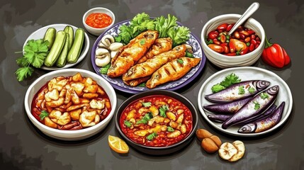 Traditional Thai chili paste with fried fish, fresh vegetables, and assorted sides, showcasing vibrant colors and healthy ingredients.