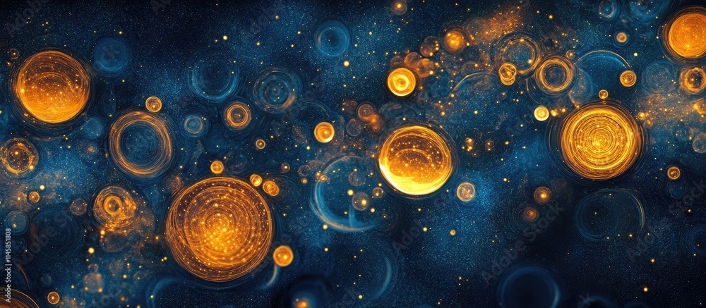 Poster golden bubble lights bokeh backdrop with circular designs and shimmering stars for a magical abstrac