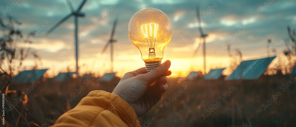 Poster a hand gripping a light bulb amidst wind turbines and solar panels, symbolizing the transition to cl