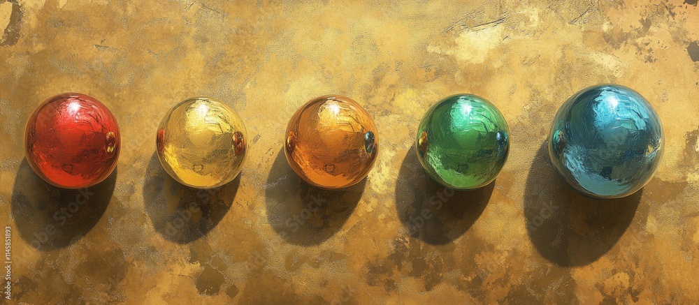 Poster colorful decorative baubles arranged in a line on a shimmering gold background creating a festive an