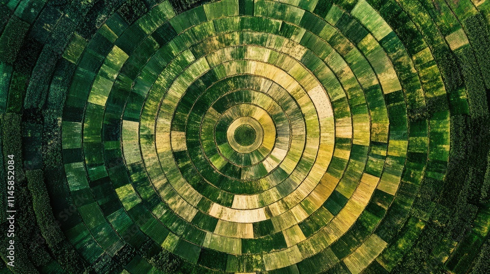 Poster aerial view of circular agricultural fields showcasing sustainable regenerative farming practices in