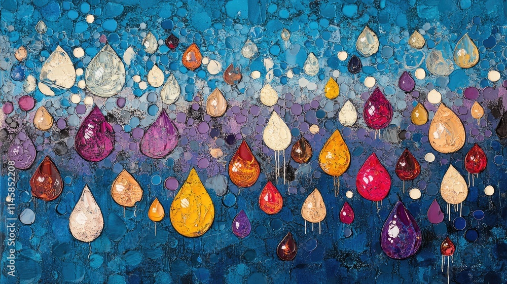 Poster colorful abstract drops on a serene steely blue background creating a vibrant and artistic visual te