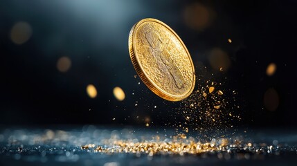 Floating gold coin fantasy setting high-quality image dark background macro view wealth concept for impact