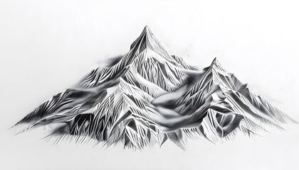 Black pencil sketch of a rock mountain on a white background