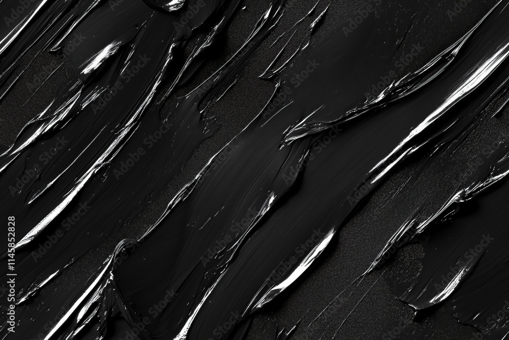 Poster seamless abstract texture featuring thick, glossy black paint strokes with metallic highlights, crea
