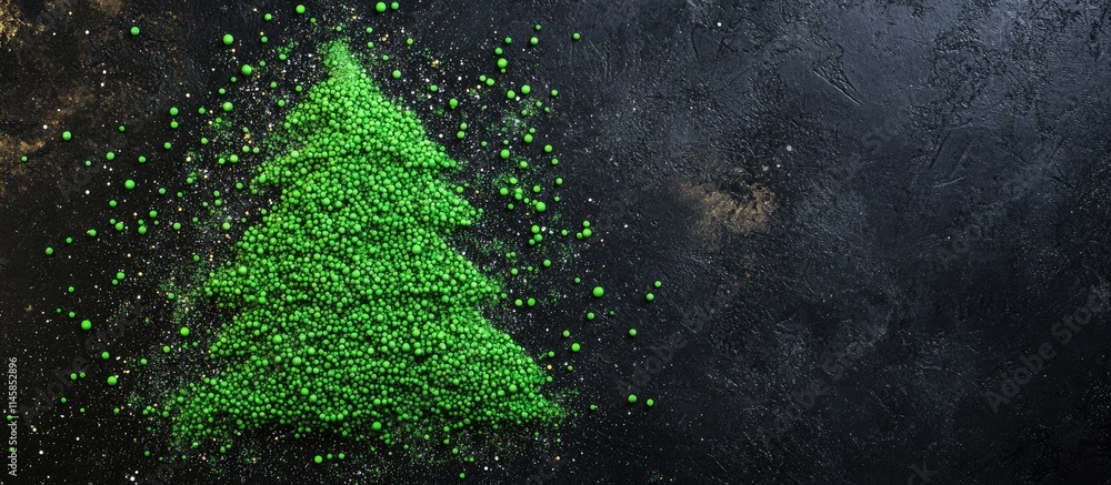 Poster green sugar sprinkles arranged in a christmas tree shape on a black table creating a festive and vib