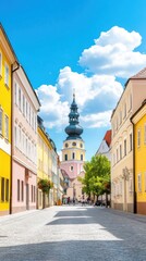Fototapeta premium Charming European Street View with Colorful Buildings and Historic Church Tower Under a Bright Blue Sky with Fluffy White Clouds in a Serene Urban Setting