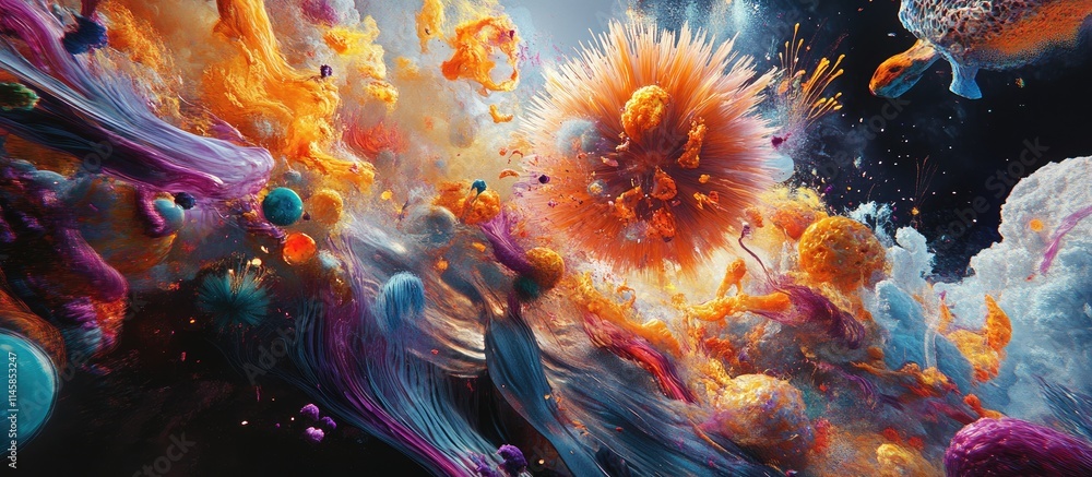 Poster colorful abstract explosion of fireworks creating a dynamic and vibrant display in a cosmic landscap