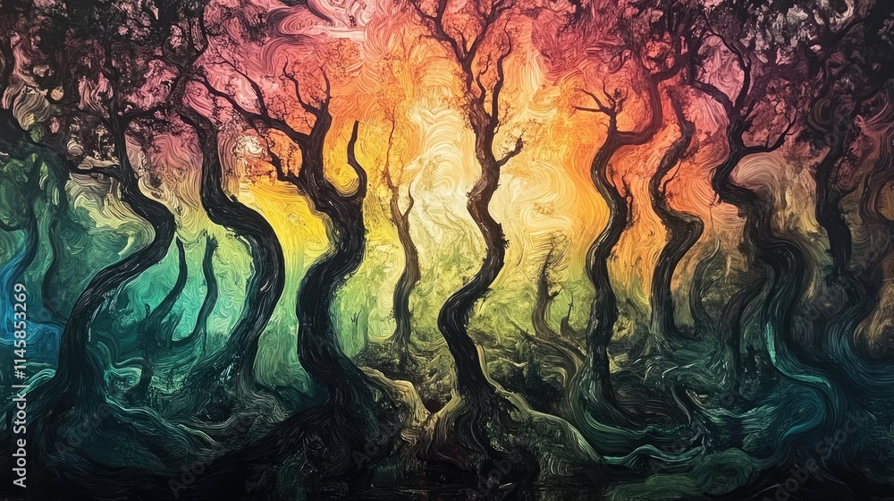 Poster mystical landscape of a dancing forest with vibrant colors and twisted trees creating an enchanting 
