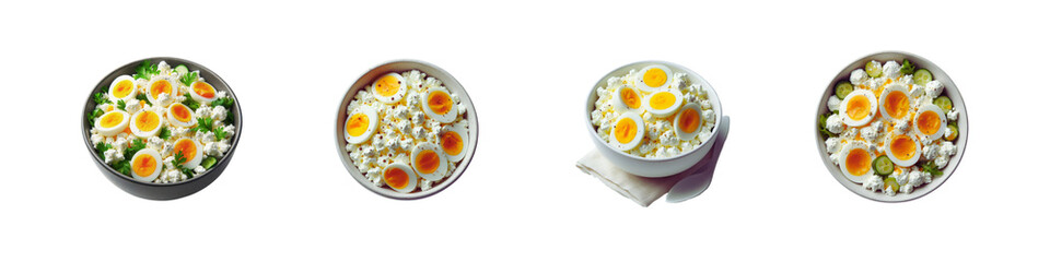 Set of Cottage Cheese with Egg Salad on white bowl, isolated over on transparent white background