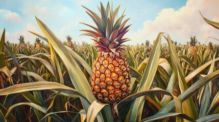 Vibrant pineapple amidst lush green field under bright summer sky showcasing tropical agriculture and nature's bounty