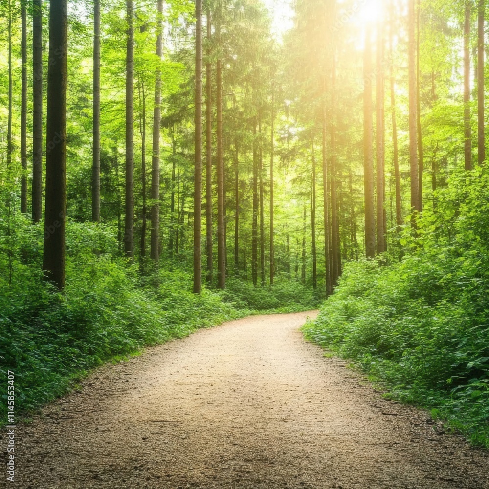 Poster serene forest pathway illuminated by sunlight with lush greenery creating a peaceful and inviting na