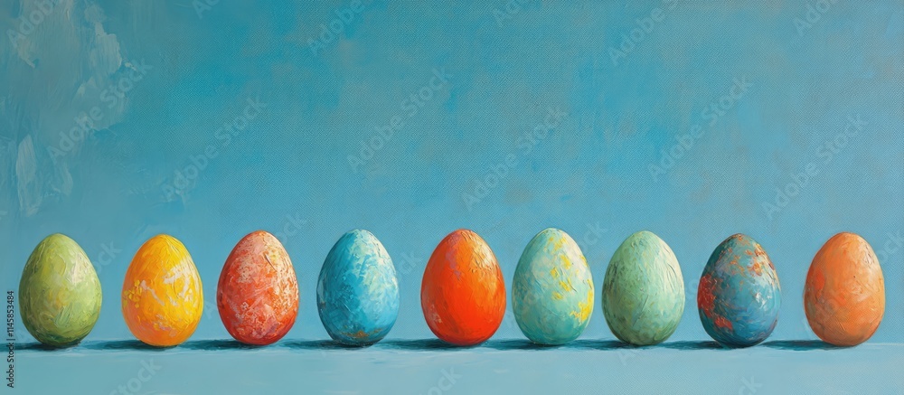 Poster colorful easter eggs arranged in a row on a bright blue background with space for text or design ele