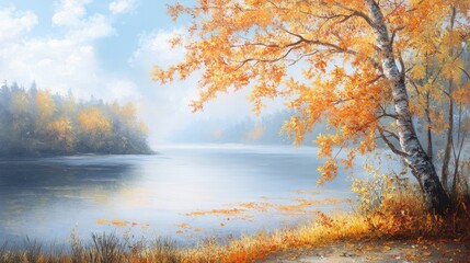 Obraz premium Autumn morning landscape featuring vibrant foliage and a serene lake shrouded in fog under bright sunlight