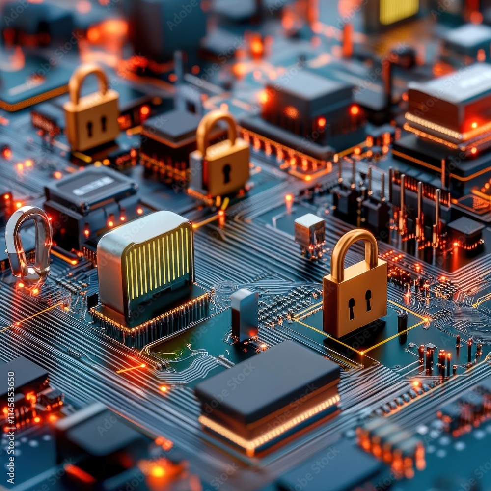 Aufkleber captivating close-up of a modern circuit board featuring security locks and digital elements, symbol