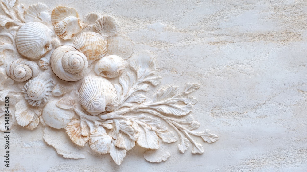 Poster seashell and snail shell textured wall background for elegant graphic design and art projects