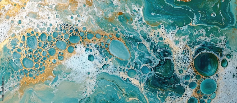 Poster aerial view of colorful bubbles floating on water creating abstract patterns in soothing blue and go