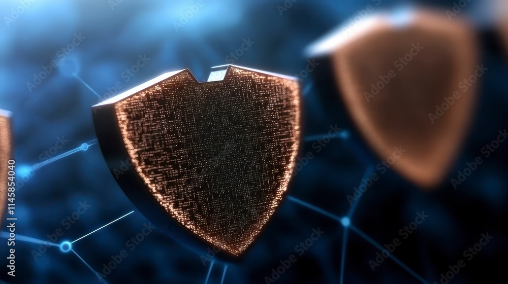 Poster a close-up of digital shields representing cybersecurity, highlighting protection and technology in 