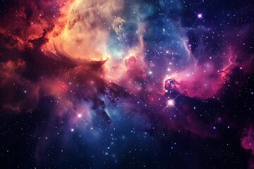 Fototapeta premium Breathtaking Landscape Photo of a Colorful Space Nebula Capturing the Vibrant Beauty and Wonders of the Cosmos, A vibrant image of a galaxy filled with colorful stars. Perfect for science.