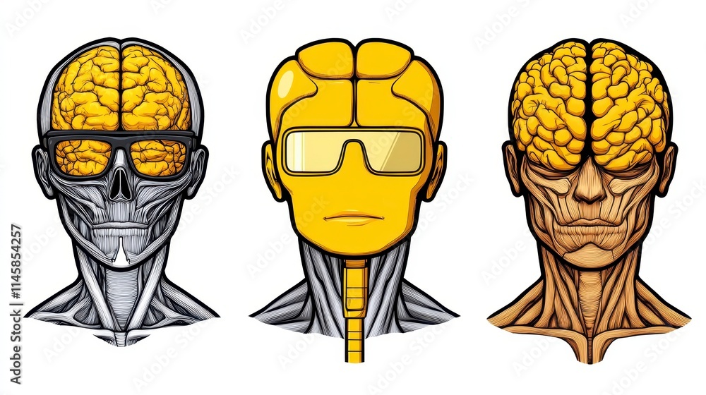 Poster the image features three stylized human heads showcasing different anatomical styles and brain repre