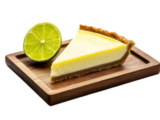 Extreme front view of hyperrealistic slice of key lime pie on a wooden tray isolated on a white transparent background