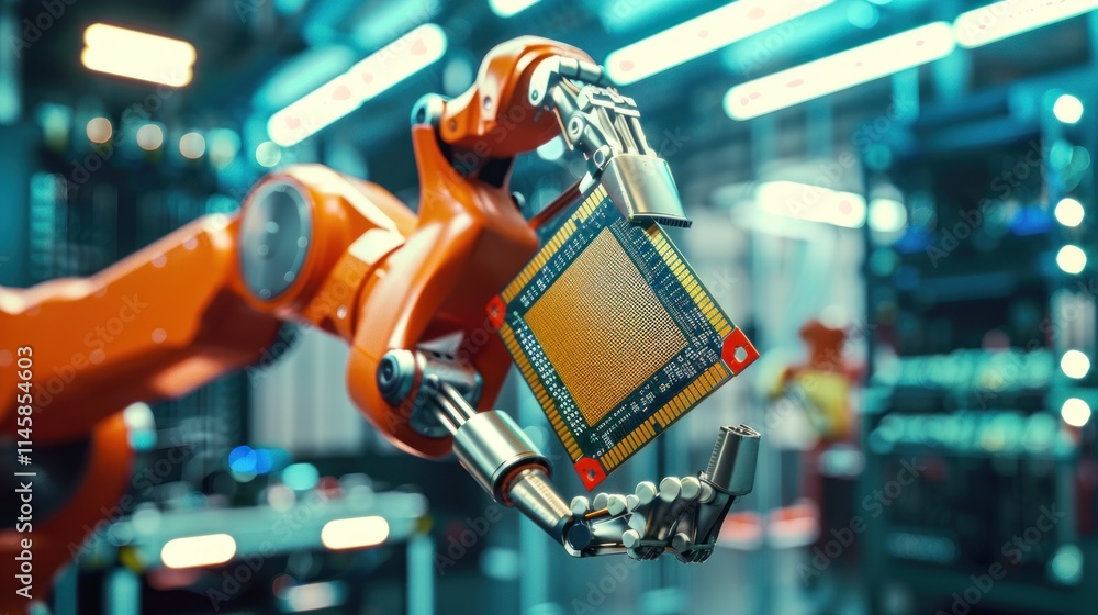 Poster robotic arm holding microchip in factory setting
