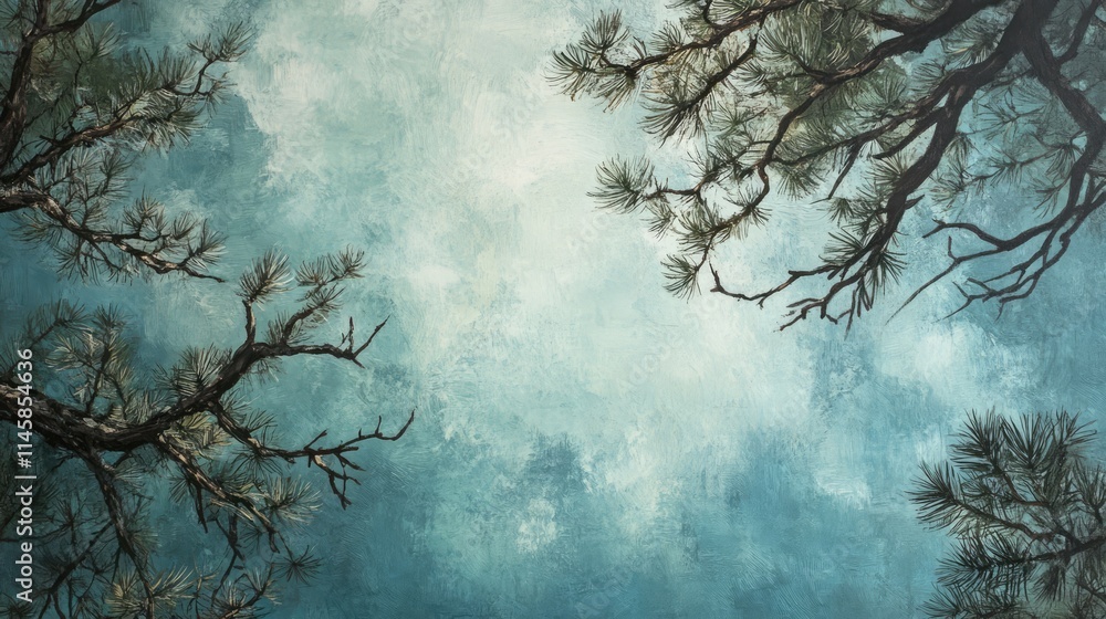 Poster pine tree branches framing a serene sky with soft clouds and a tranquil color palette for nature-the