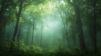 Fototapeta premium Morning fog creates a serene and picturesque atmosphere over a vibrant lush green forest