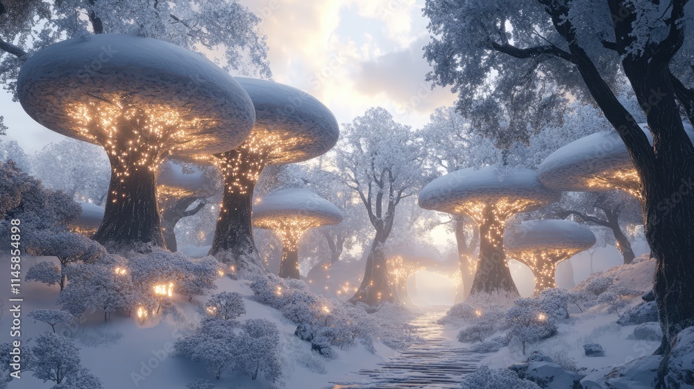 Poster enchanting snowy forest with luminous trees draped in soft snow, creating a mystical winter wonderla