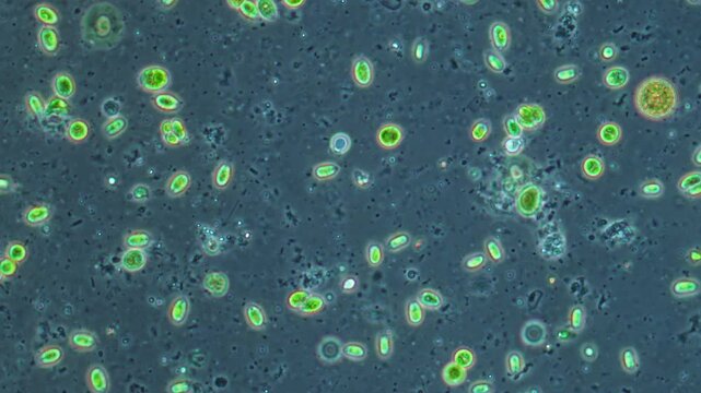 Unicellular green algae at high magnification of a microscope on a dark background, algae cells and moving chlorella cells