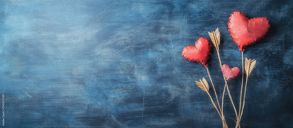 Poster romantic handmade hearts and twig arrows on a blue chalkboard backdrop with reflections on love and 