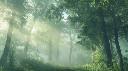 Obraz premium Serene morning mist beautifully drapes a lush green forest, a peaceful and tranquil scene