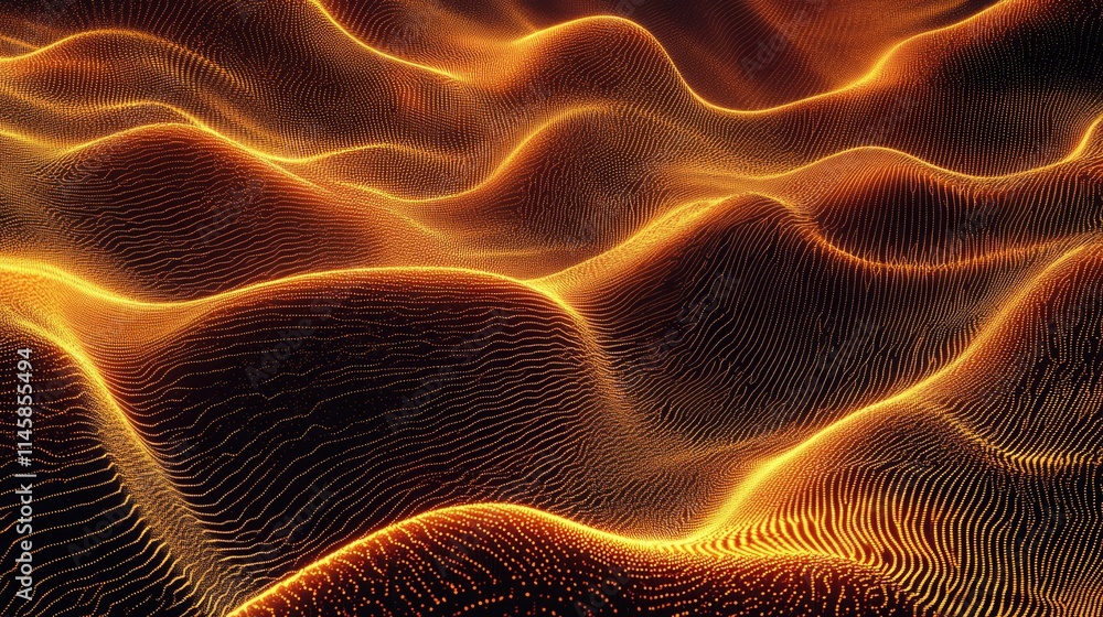 Poster abstract digital wave form particles background with glowing orange lines creating a mesmerizing flo