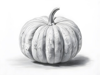 Black pencil sketch of a pumpkin on a white background