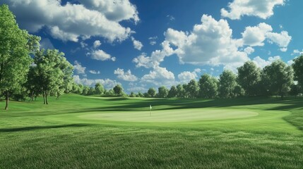 Lush green golf course fairway under vibrant blue sky with fluffy clouds creating a serene outdoor landscape for sports enthusiasts.