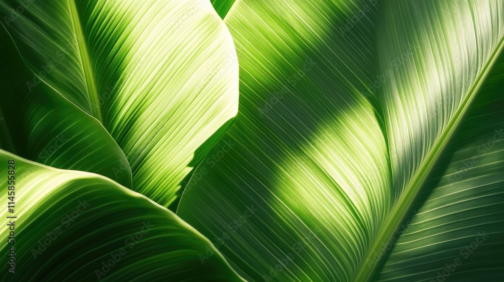 Poster close up of fresh green leaf structure with visible midrib and veins backlit by sunlight creating a 