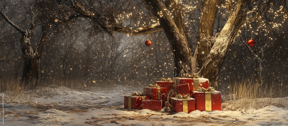 Poster festive scene of red presents stacked under a festive tree with snow and twinkling lights creating a