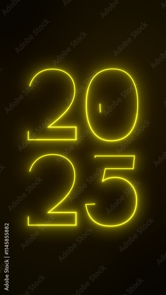 Poster vertical video animation of abstract neon lights with the numbers 2025 in yellow over dark backgroun