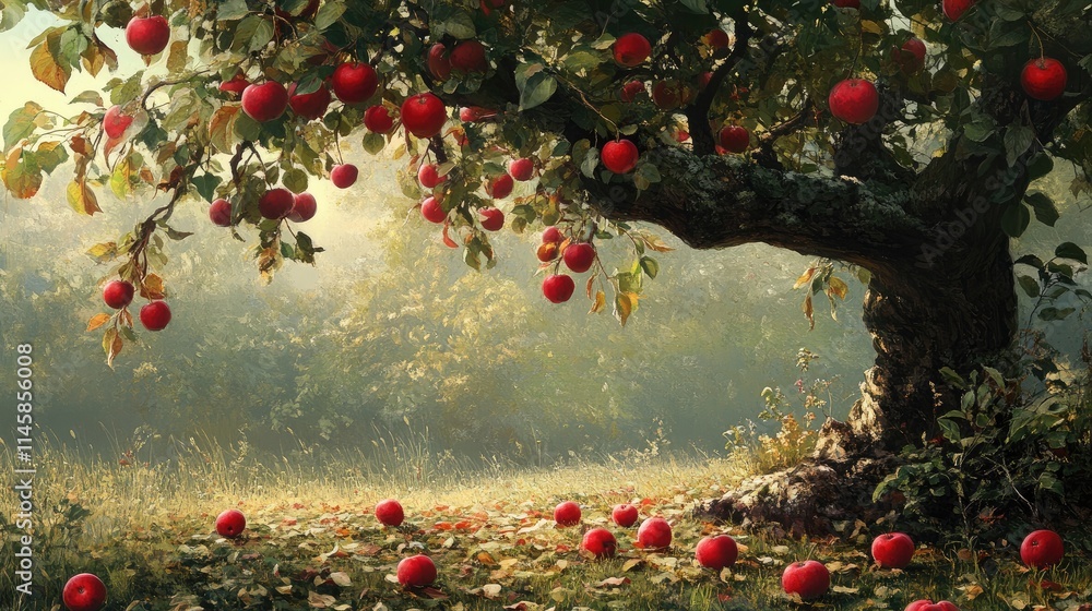 Aufkleber ripe red apples hanging from a tree with fallen apples scattered on the ground in a serene autumn la