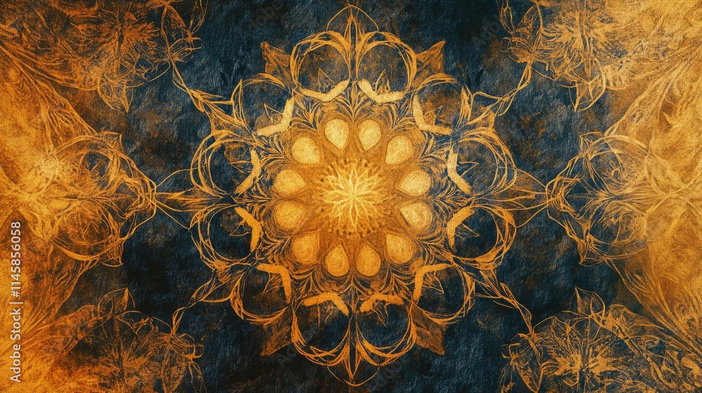 Poster ornate digital texture with intricate floral patterns in warm golden tones on a deep blue background