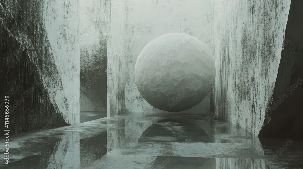 Poster surreal landscape with a large spherical object in an abstract, misty environment reflecting in a ca