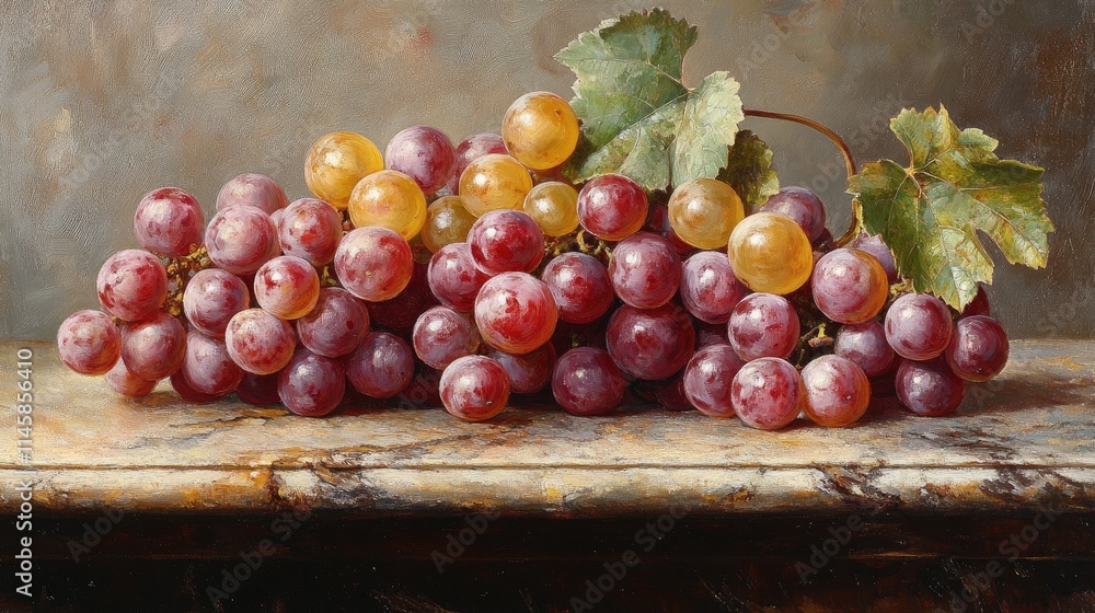 Poster a beautiful arrangement of assorted grapes on a rustic table highlighting their vivid colors and nat