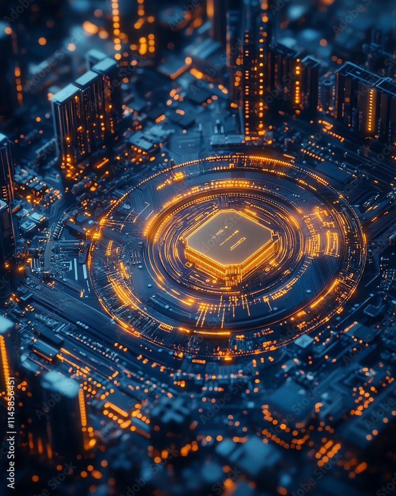 Fototapete closeup of a gold processor on a blue circuit board with intricate connections, symbolizing advanced