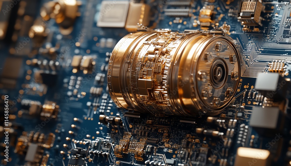 Poster closeup of a gold processor on a blue circuit board with intricate connections, symbolizing advanced