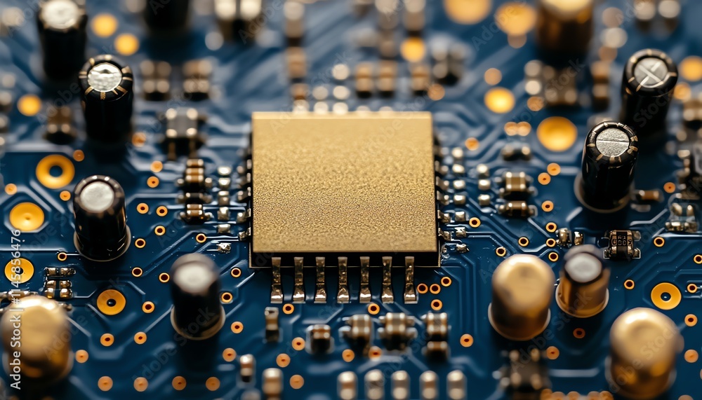 Poster closeup of a gold processor on a blue circuit board with intricate connections, symbolizing advanced