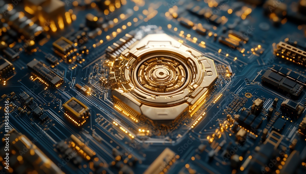 Aufkleber closeup of a gold processor on a blue circuit board with intricate connections, symbolizing advanced