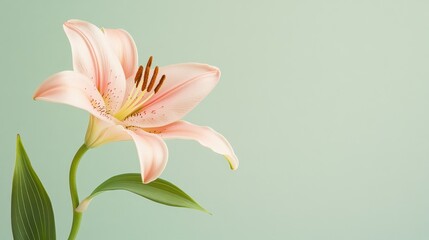 Obraz premium A single blush pink lily against a light sage green background, close-up shot, Minimalist style