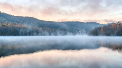 Fototapeta premium Stunning mountain lake at sunrise, its tranquil surface gently enveloped in a beautiful, serene fog
