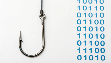 a hook with digital data, symbols of baiting attack and cyber hack