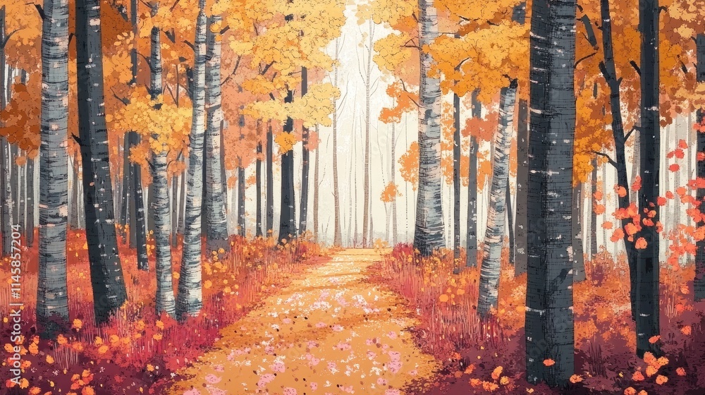 Poster autumn forest landscape with vibrant orange trees and a serene path through the woods creating a tra